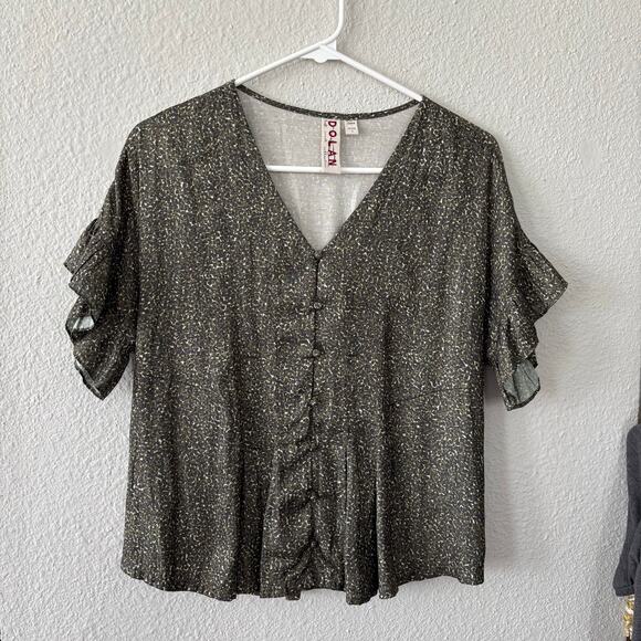 Anthropologie Dolan Olive Green Short Sleeve Ruffle Blouse Top Size Petite Small - Picture 10 of 10